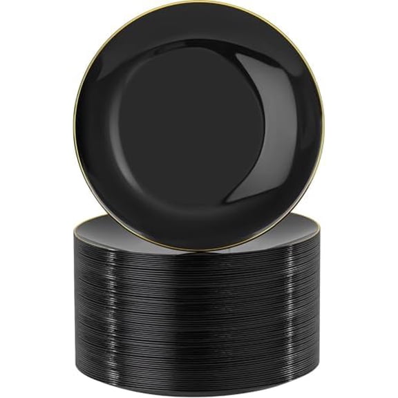 100 Pieces Black Plastic Plates - 7.5inch Black Dessert Plates - Disposable Gold Plastic Plate - Disposable Plate Ideal for Wedding & Party