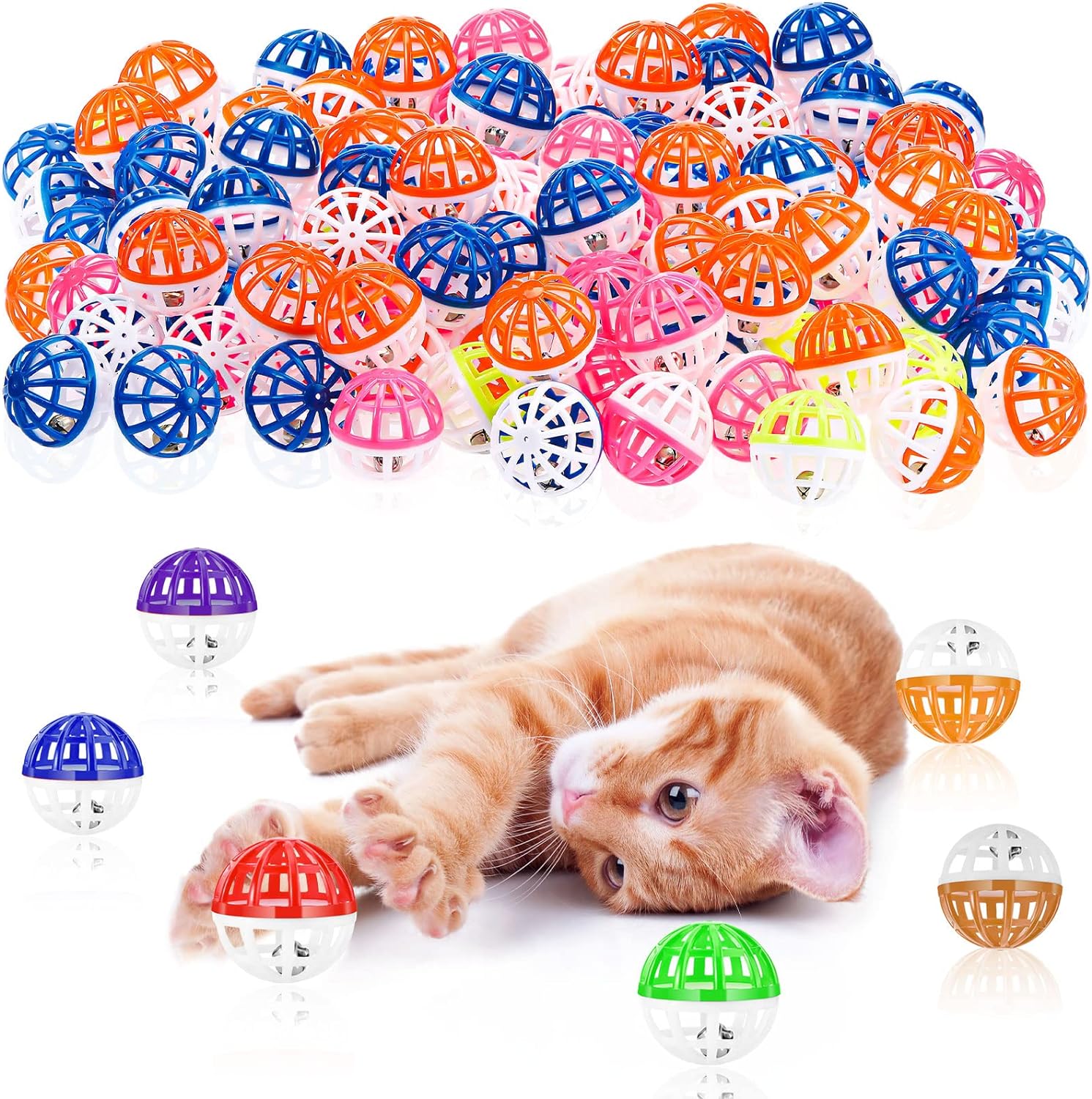 100 Pieces Cat Toys Balls with Bells Plastic Lattice Jingle Balls for