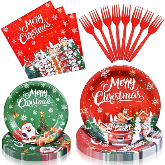 100 Pieces Christmas Party Tableware Set – Merry Christmas Disposable Plates, Napkins and Forks, Santa Snowman Red Green Dinnerware for Xmas Holiday Birthday and Winter Party Supplies