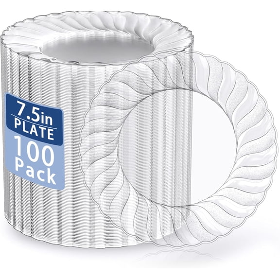 100 Pieces Clear Plastic Plates - 7 Inch Dessert Disposable Washable & Reusable Hard Fancy Heavy Duty Cake Platos For Party Weddings And Events