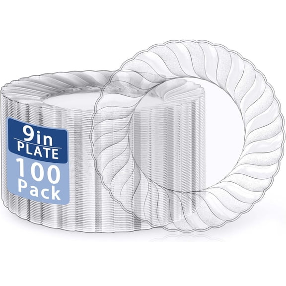 100 Pieces Clear Plastic Plates - 9 Inch Disposable Washable & Reusable Hard Party Supplies For Birthdays Celebrations Travel Wedding And Events
