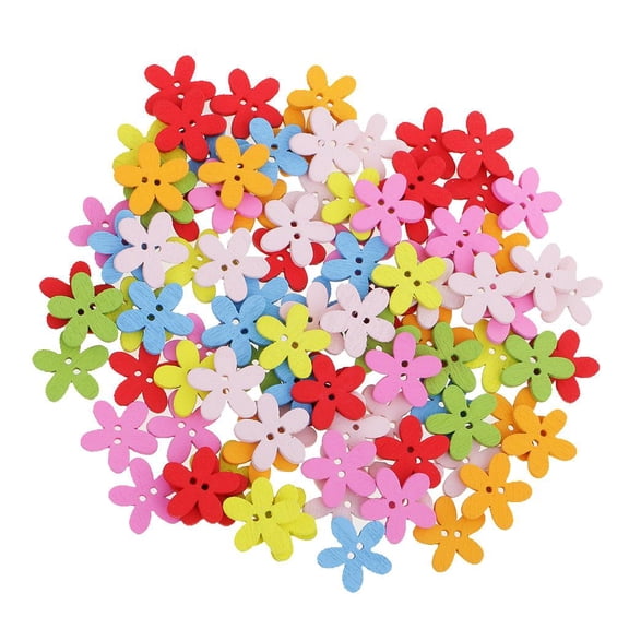 100 Pieces Colorful Decorative Flower Flatback Wooden Buttons 2 Holes Sewing Craft Scrapbooking Card