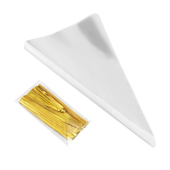 100 Pieces Cone Shaped Clear Packaging Bags With Ties, 13×25Cm Size, For Candy Cookie Diy Craft Party Favors And Small Gift Wrapping