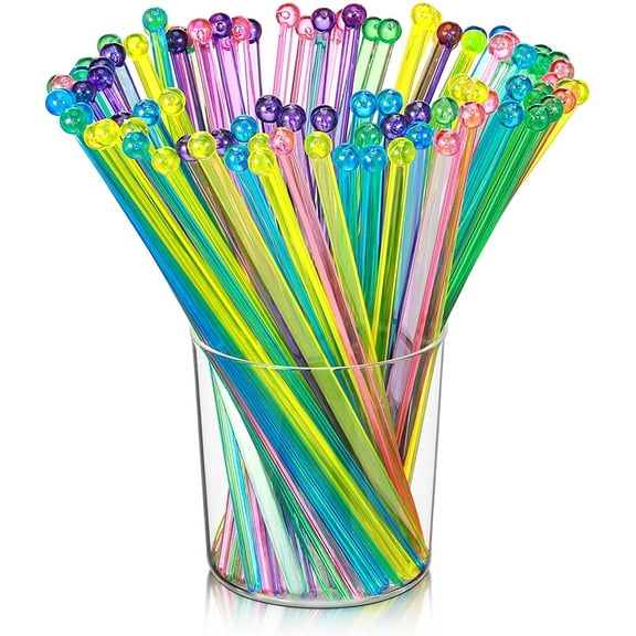 100 Pieces Disposable Plastic Round Top Crystal Swizzle Sticks (MultiColor)