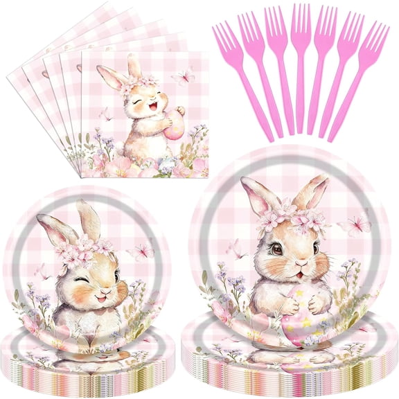 100 Pieces Easter Bunny Party Tableware Set – Pink Plaid Floral Rabbit Plates, Napkins and Forks, Spring Disposable Dinnerware for Easter Party, Birthday and Baby Shower Supplies