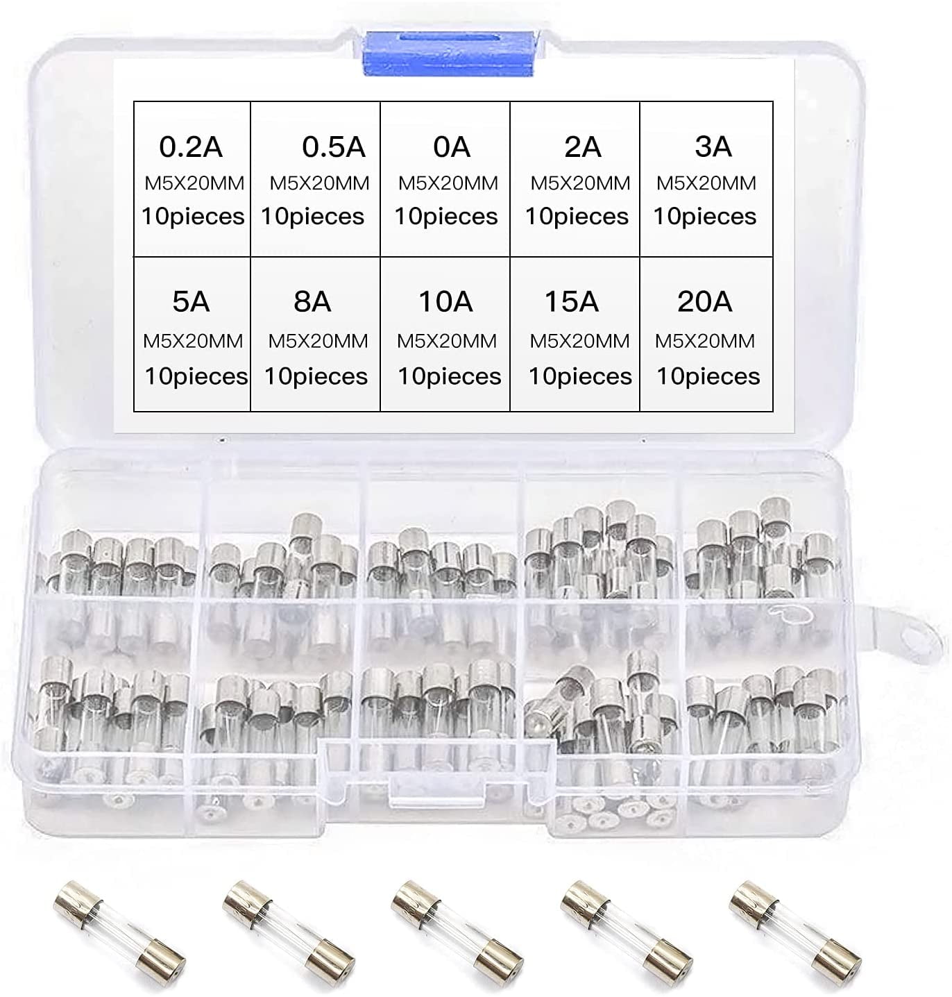 100 Pieces Fine Fuse Glass Fuse Glass Tube Fuses 0.2A20A Amp Assorted Kit With Storage Box 5 X