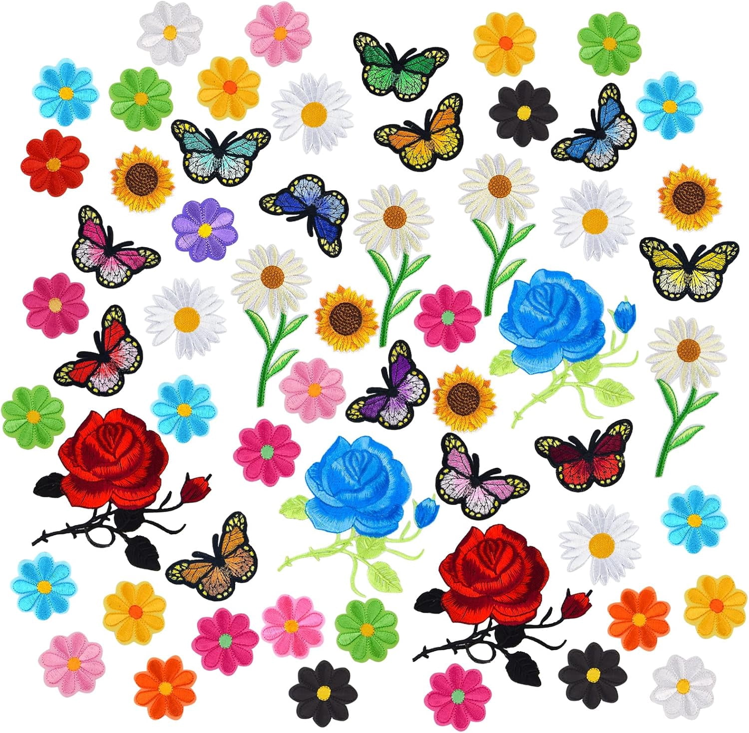 100 Pieces Flower Butterfly Iron/Sew on Patches Sunflower Cute Embroidered Applique Rose Patches for Clothing Large Colorful Decorative Daisy Repair Clothes Dress Hat Jeans DIY