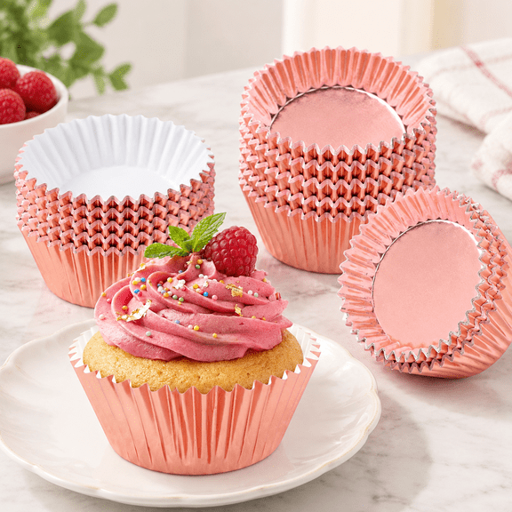 100 Pieces Foil Metallic Cupcake Liners Muffin Wrappers Foil Baking Cups Muffin Paper Cases, Rose Gold