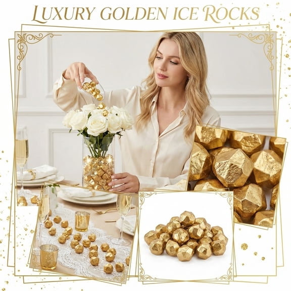 100 Pieces Gold Acrylic Ice Rocks, Fake Crushed Ice Nuggets Vase Fillers, Table Scatter for Wedding Centerpiece, DIY Crafts, Glitter Party Decorations