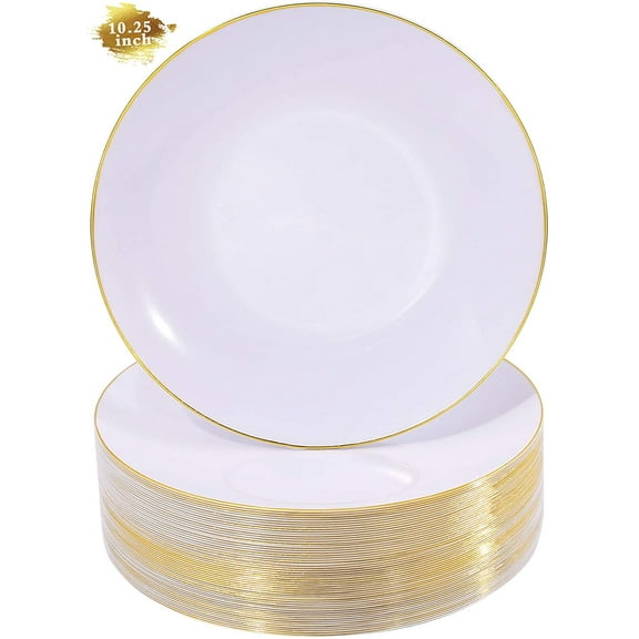 100 Pieces Gold Plastic Plates - 10.25 inch Gold Dinner Plates - Heavyweight White and Gold Disposable Plates Ideal for Wedding & Party & Thanksgiving
