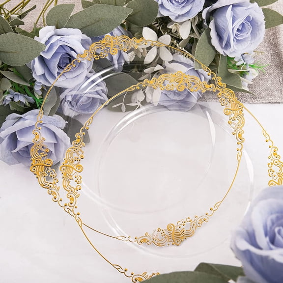 100 Pieces Gold Plastic Plates - Clear Gold Disposable Plates - 10.25inch Clear Plastic Dinner Plates With Gold Rim for Weddings & Parties & Shower