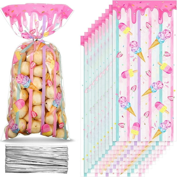 100 Pieces Ice Cream Treat Bags Cello Clear Sweet Party Favors Plastic Candy Cellophane Bags with 100 Silver Twist Ties for Kids Sweet Birthday Decorations Supplies