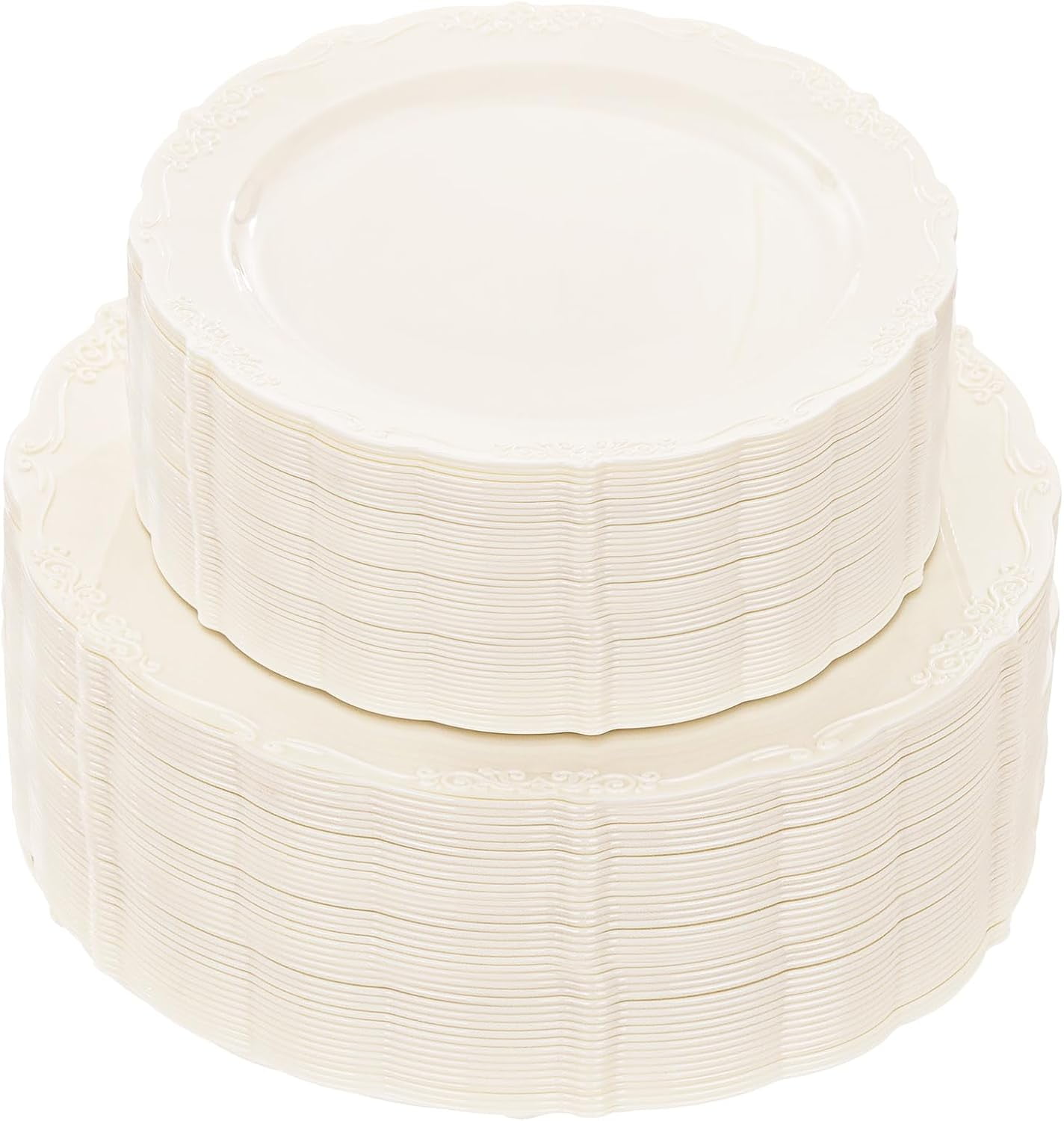 100 Pieces Ivory Plastic Plates for Party - Ivory Disposable Plastic Plates - Heavy Duty Disposable Platos Including 50 Dinner 10.25 '' & 50 Dessert 7.5 '' for Weddings