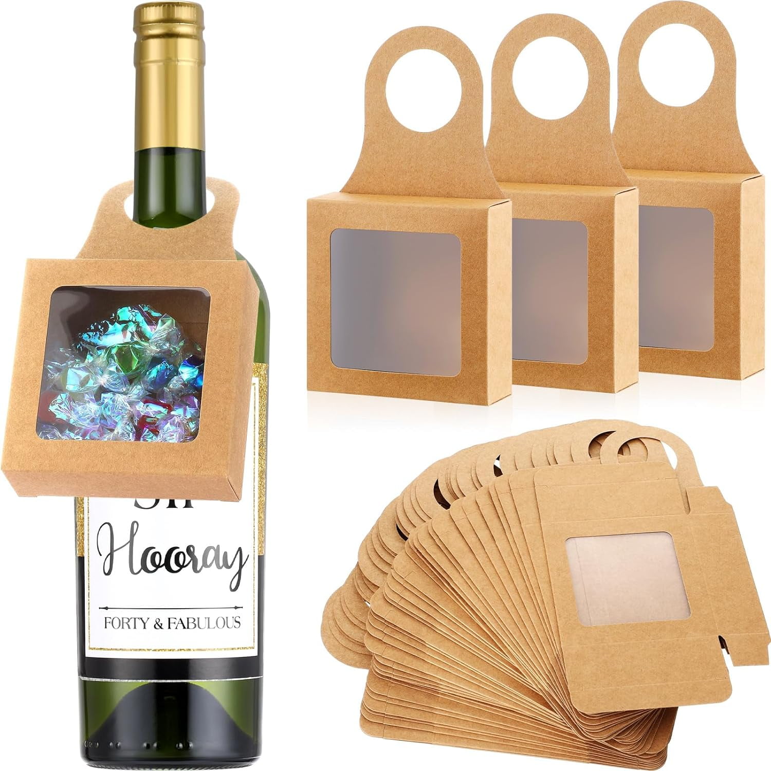 100 Pieces Kraft Paper Wine Bottle Box with Window Hanging Wine Boxes