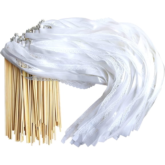 100 Pieces Lace Wedding Ribbon Wands with Triple Ribbon and Silver Bell Wand Silk Fairy Stick Wand Streamers Party Ribbon Sticks Magic Fairy Wands for Wedding Bridal Shower Photo Prop Send