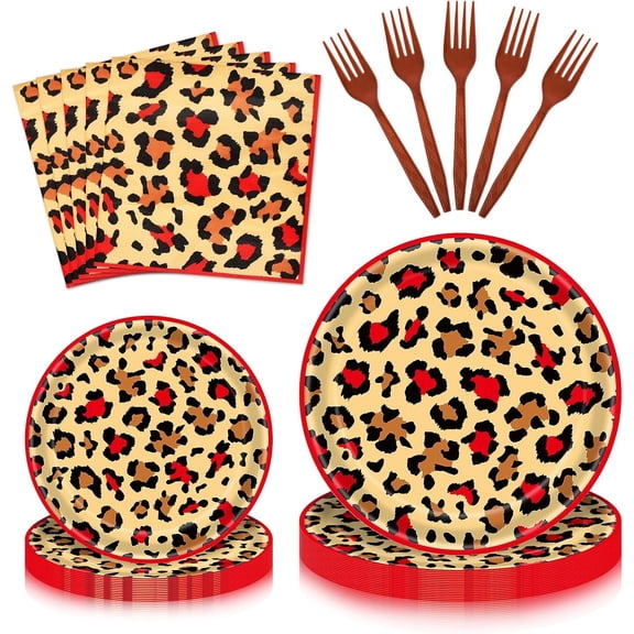 100 Pieces Leopard Print Party Tableware Set – Red Cheetah Animal Print Plates, Napkins and Forks, Disposable Dinnerware for Girls Birthday, Safari and Wild One Party Supplies
