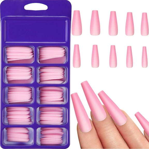 100 Pieces Matte Extra Long Press on Nails Coffin False Nails Solid Color Full Cover Fake Nails Matte with Box for Women Girls Nail Decorations (Pink)