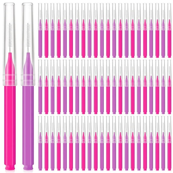100 Pieces Micro Eyebrow Brush with Cap Brow Lamination Brush Eyebrow Spoolie Brush Eyelash Brush Multifunctional Micro Spooly Lash Comb for Eyelash and Eyebrow Extensions Tool (Pink, Purple)