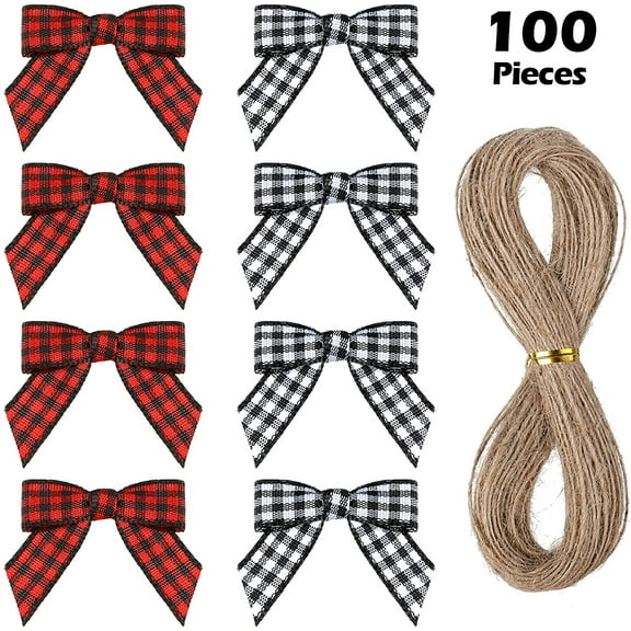 100 Pieces Mini Gingham Ribbon Bows Checked Plaid Bow Christmas Plaid Ribbon Bow Buffalo Plaid Craft Ribbon Bow with 66 Feet Rope for Hair Accessories Craft Wrapping Decor