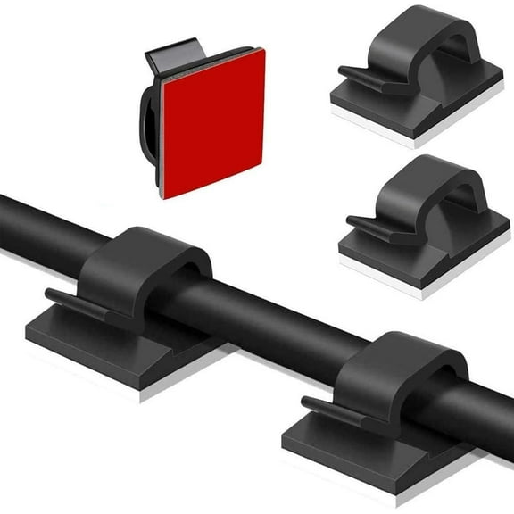 100 Pieces Mini Outdoor Cable Clips with Adhesive Tapes Light Clips Management Plastic Cable Organizer Cable Cord Holder Drop Cable Cramp for Office, Stage, Outdoor Scene, Car and Home-Black