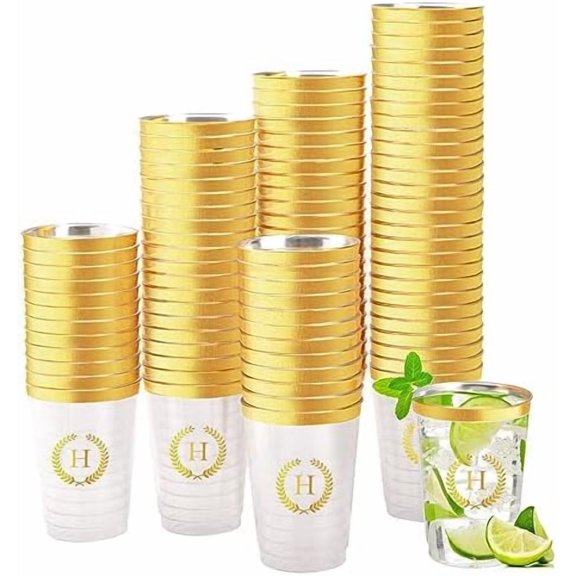 100 Pieces Monogrammed Plastic Cups Gold Foil Letter H Disposable Cups 12 oz Clear Initial Party Cups for Wedding Birthday Baby Shower Personalized Party Drinkware