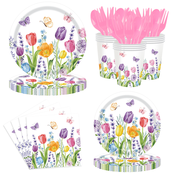 100 Pieces Mother's Day Themed Tableware Set – Garden Floral Disposable Plates, Napkins for Spring Birthday, Bridal Shower, Afternoon Tea Party, and Mother’s Day Celebrations – Serves 20 Guests