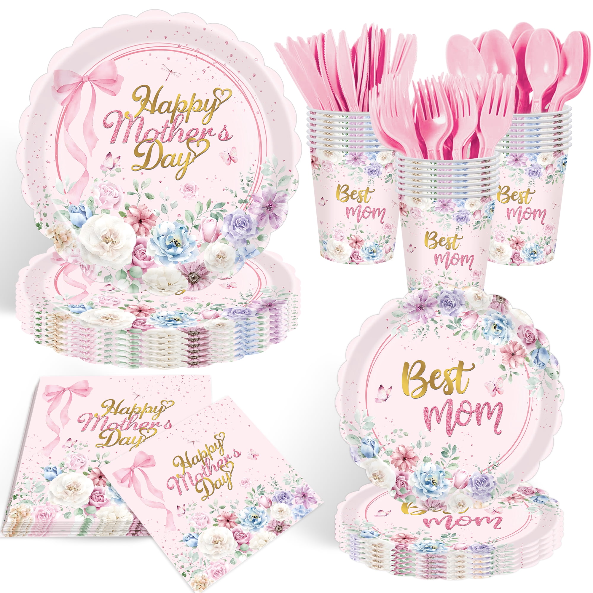 Spring Tablewar 100 Pieces Mother's Day Themed Tableware Set – Garden Floral Disposable ...