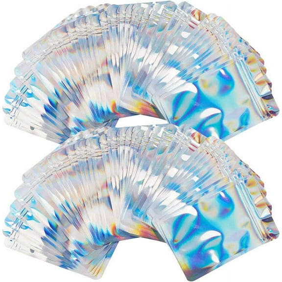 100 Pieces Mylar Bags Smell Proof Bags Resealable Storage Bag Holographic Packaging with Clear Window Packaging Foil Pouch Bags for Food Storage and Lip Gloss,Jewelry,Eyelash Packaging (4 x 6 Inch)