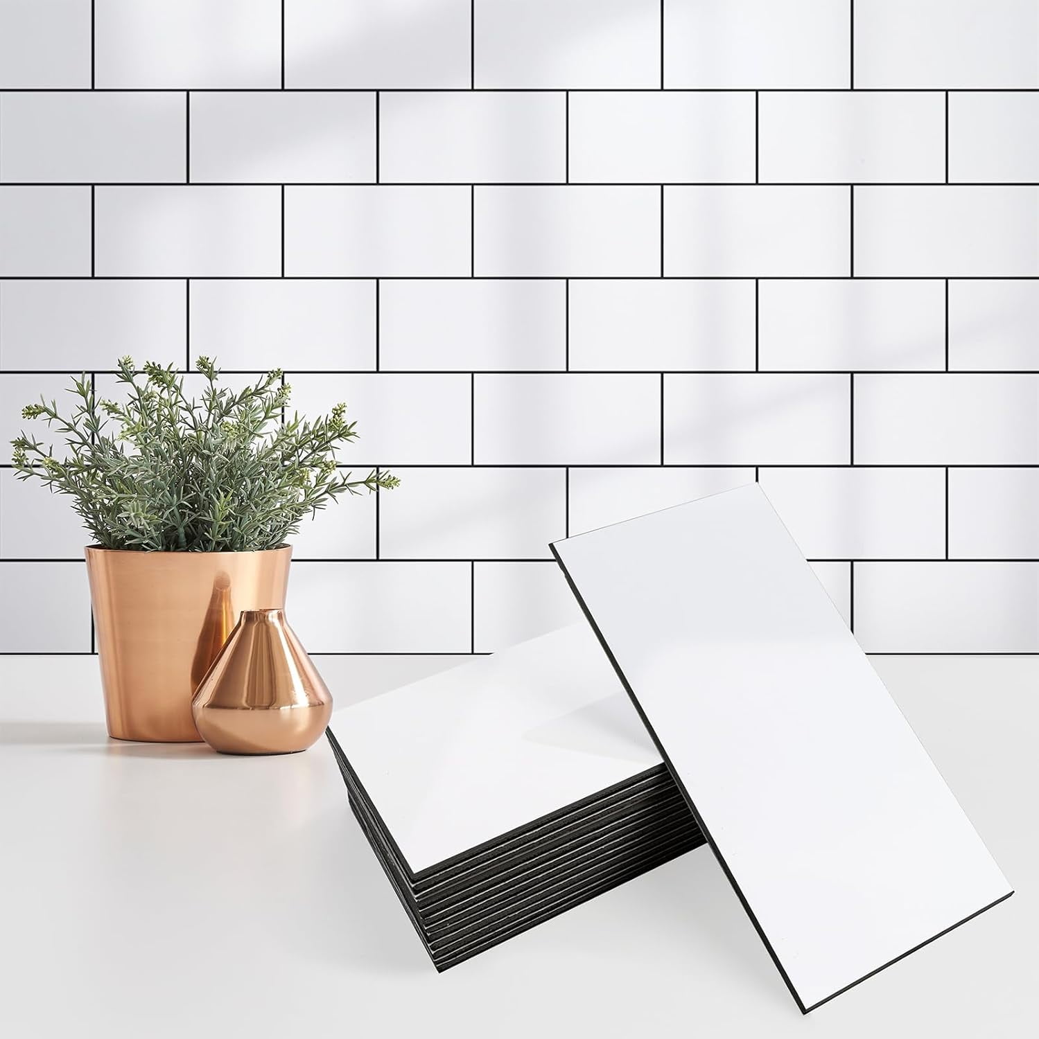 100 Pieces Peel and Stick Backsplash for Kitchen, 3" x 6" PVC Subway Tile 2026 Upgraded Glossy White with Dark Gray Grout Backsplash Stick on Tile Elevate Kitchen, Bathroom, Fireplace,RV