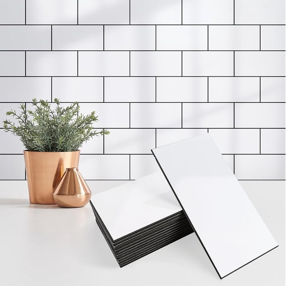 100 Pieces Peel and Stick Backsplash for Kitchen, 3" x 6" PVC Subway Tile, Glossy White with Dark Gray Grout, Self Adhesive Stick on Wall Tiles for Kitchen, Bathroom, Fireplace, RV