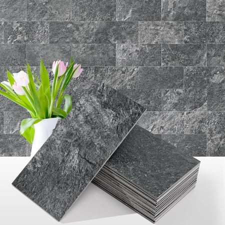 100 Pieces Peel and Stick Backsplash Tiles, 3" x 6" PVC Subway Tile, Black Slate Stick on Backsplash Tiles for Kitchen/Bathroom/Fireplace/Laundry/Camper