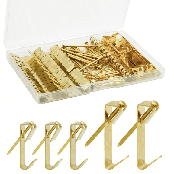 Picture Hanging Kit, 100 Pieces with Hooks & Nails, Includes 30lb and 50lb Hangers for Drywall, Wood, and Plaster Walls, Metal Hooks for Frames, Mirrors, Artwork (Gold)