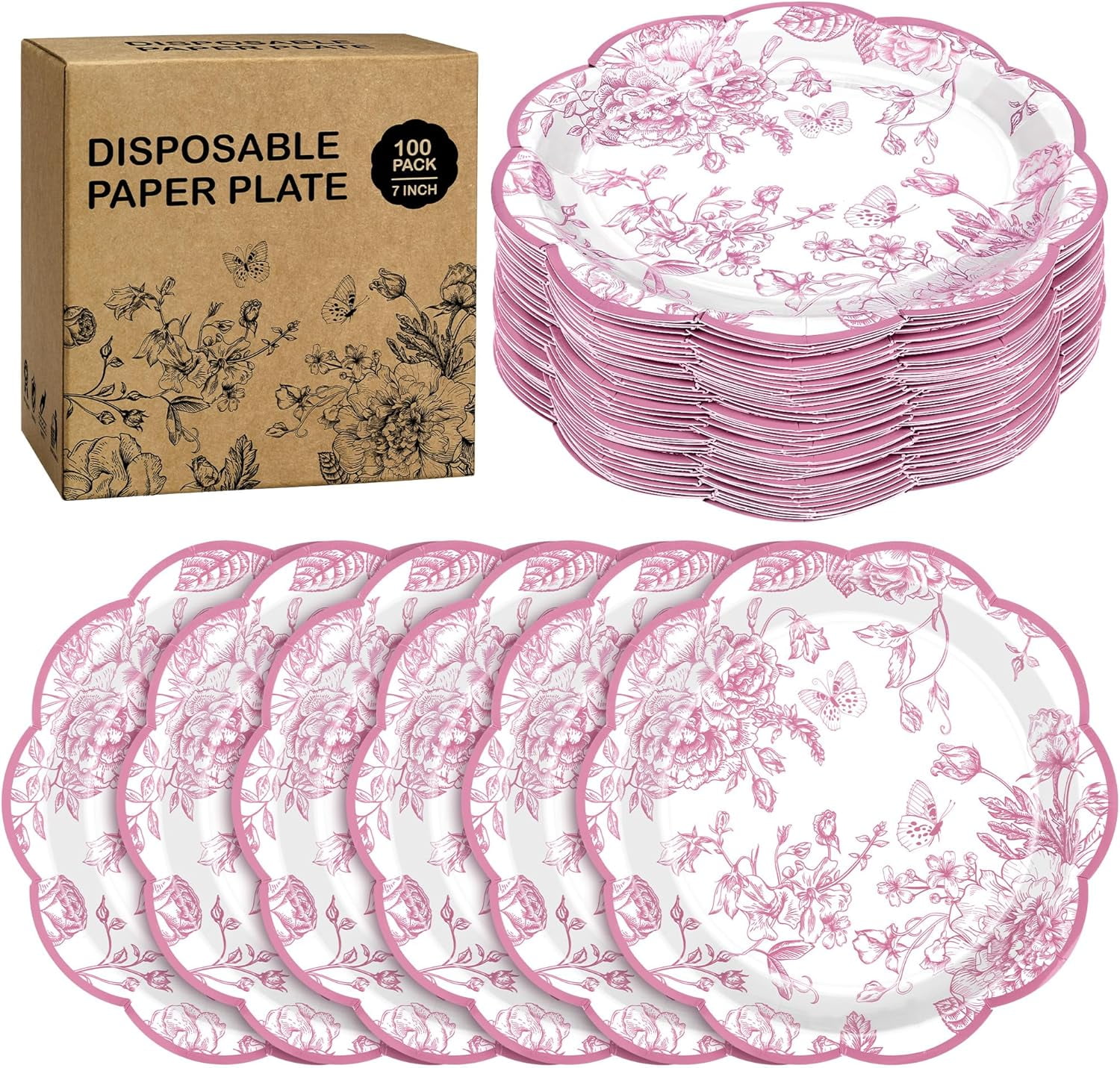 100 Pieces Pink Flower Paper Plates 7 Inches Disposable Floral Paper Plates Scalloped Pink and White Chinoiserie Vintage Flower Dessert Plates for Wedding Birthday Holiday Party Supplies