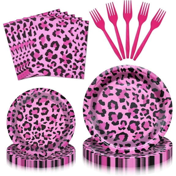 100 Pieces Pink Leopard Print Party Tableware Set – Hot Pink Cheetah Plates, Napkins and Forks, Disposable Dinnerware for Girls Birthday, Baby Shower and Safari Party Supplies