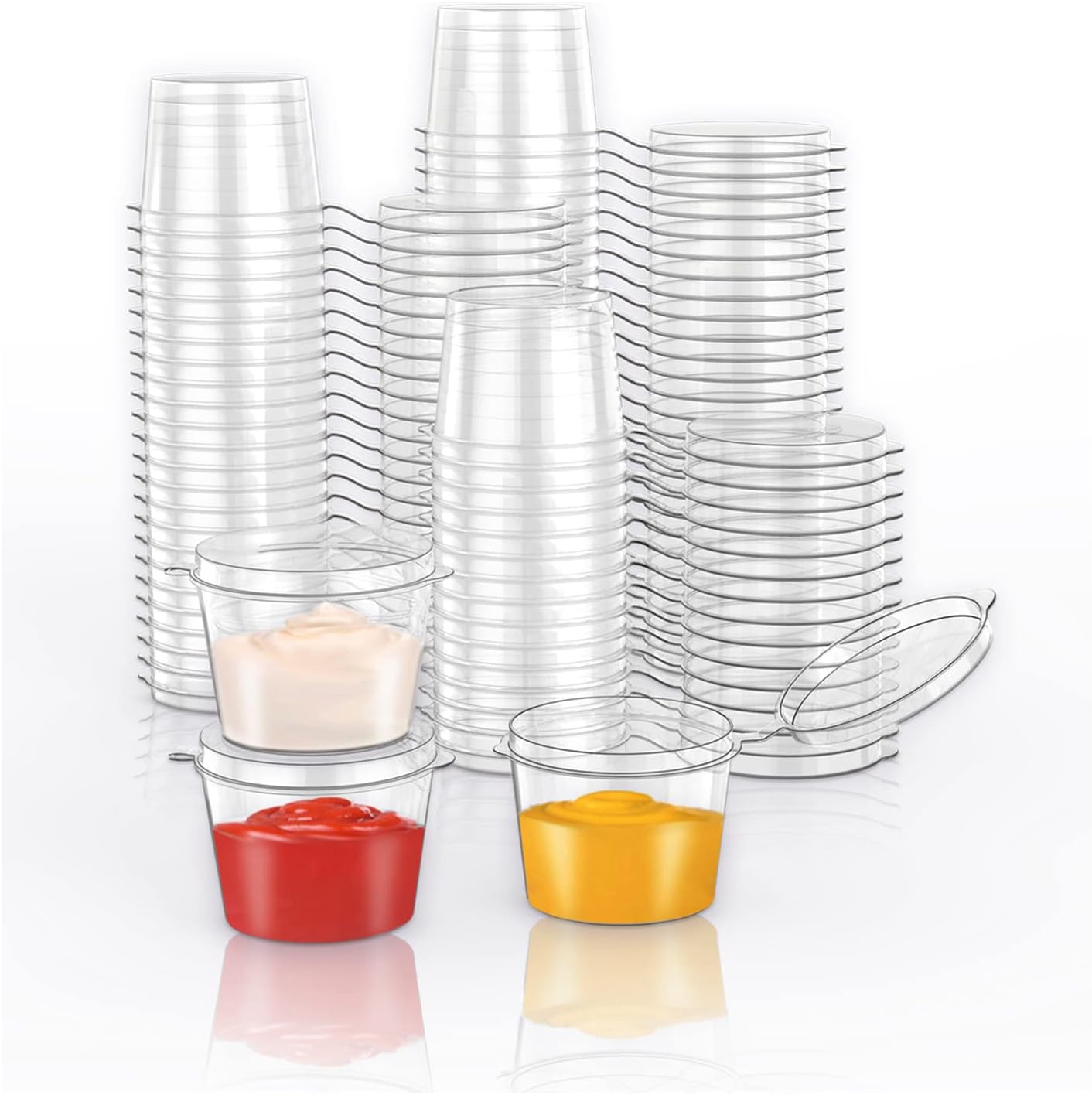 100 Pieces Plastic Souffle Cups with Hinged Lid 1oz Disposable Sauce