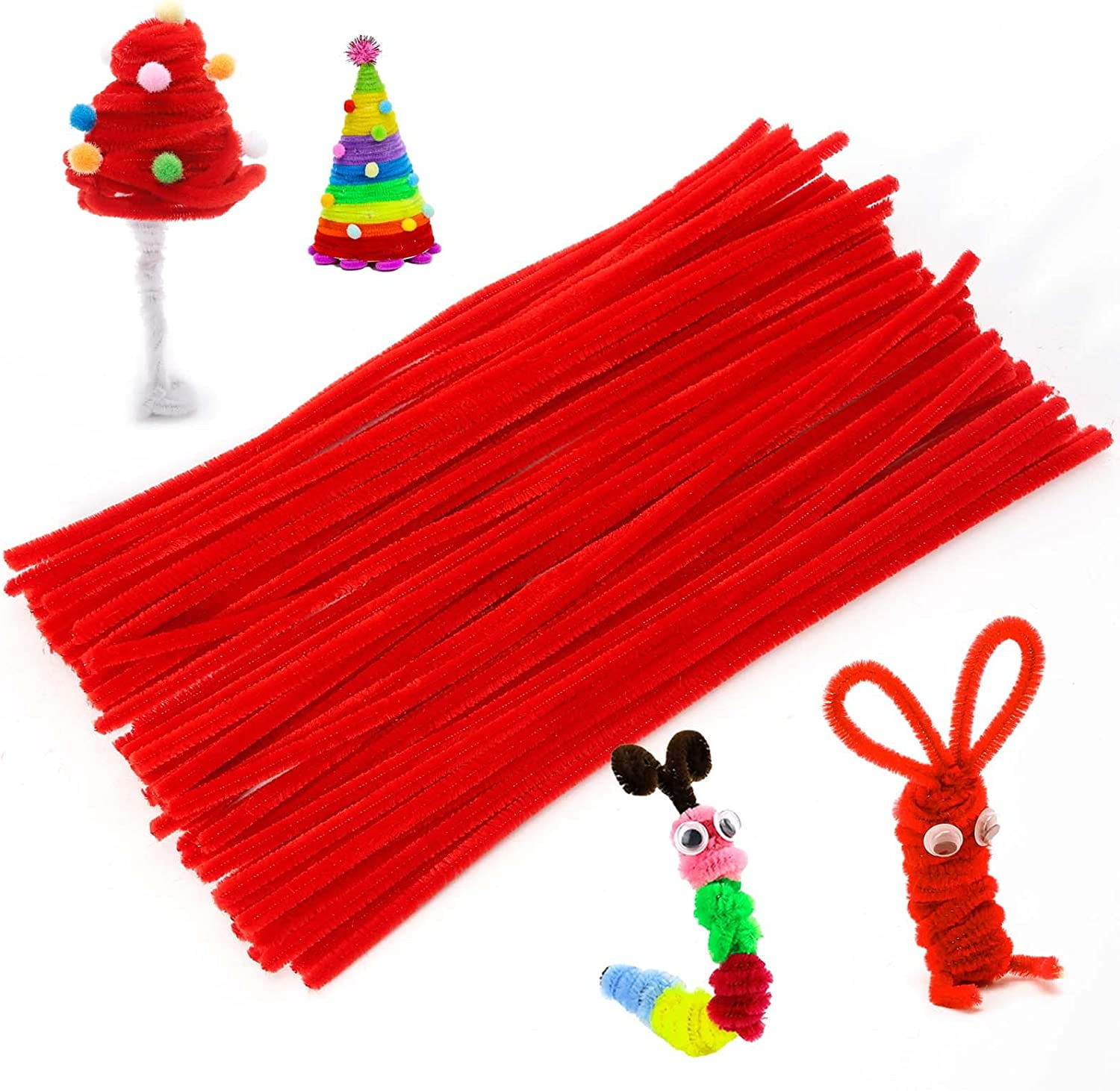 Menkey 100 Pieces Red Pipe Cleaners Craft Supplies, Chenille Stems for Creative Projects DIY Art and Crafts and Decorations (6 mm x 12 inch)