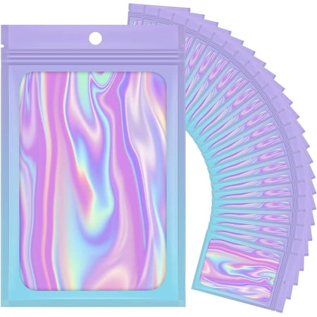 100 Pieces Resealable Holographic Gradient Bags, Smell Proof Mylar Ziplock Bags Packaging Pouch with Clear Window for Food Storage Party Favor Small Business (3.5X4.7 Inch, Pink&Light Blue)