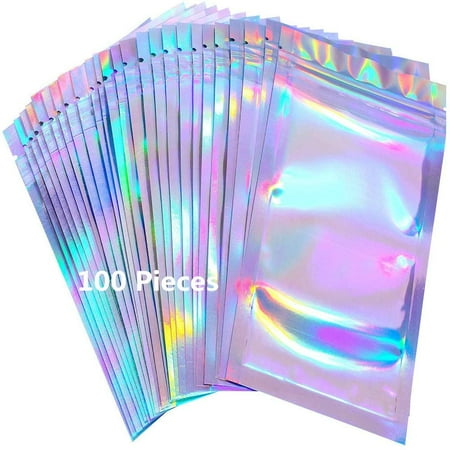 100 Pieces Resealable Mylar Bags Smell Proof Bags Holographic Packaging Bag Foil Pouch for Party Favor Food Storage,5.6 * 8Inch