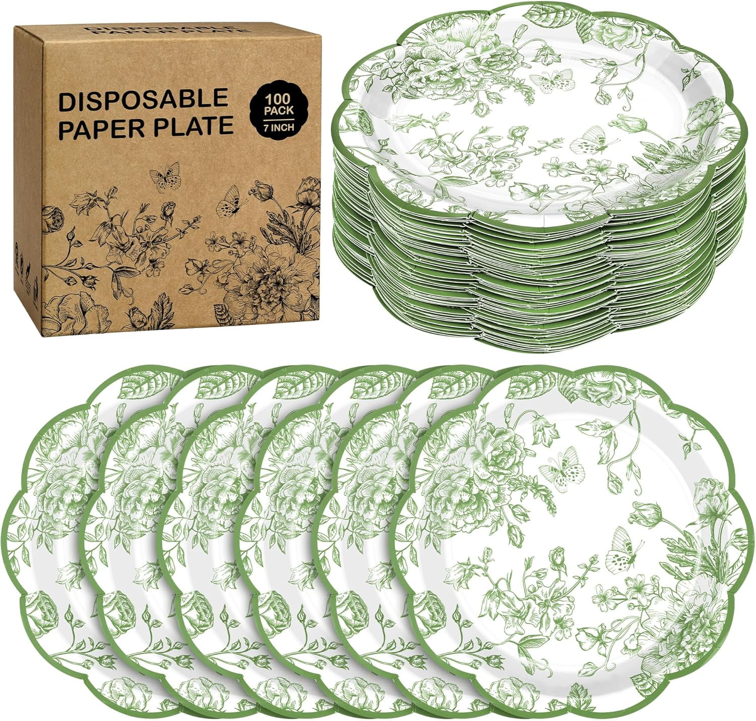 100 Pieces Sage Green Flower Paper Plates 7 Inches Disposable Floral Paper Plate Scalloped Sage Green Chinoiserie Vintage Flower Dessert Plates for Wedding Birthday Holiday Party Supplies