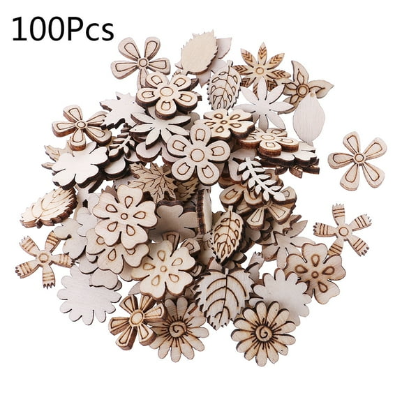100 Pieces/Set Flower Leaves Wood Slice Kit Rustic Wood Cutout Craft Supplies