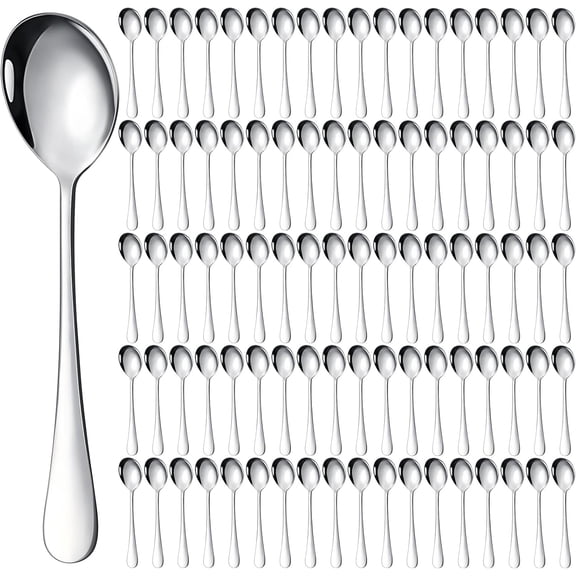 100 Pieces Soup Spoons Set Stainless Steel Spoons Silverware Dessert Dinnerware Bulk Metal Dinner Dinnerware Mirror Polished Tablespoon for Home Restaurant Kitchen Dishwasher Safe