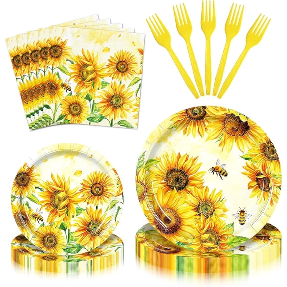 100 Pieces Sunflower Bee Party Tableware Set – Sunflower Plates, Napkins and Forks, Yellow Floral Disposable Dinnerware for Birthday, Baby Shower and Garden Party Supplies