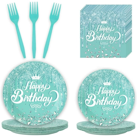 100 Pieces Teal Tableware Set Confetti Sprinkles Happy Birthday Party Decorations Table Decors for Men Women Plates Napkins Forks for 20 Guests