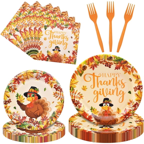 100 Pieces Thanksgiving Tableware Set – Turkey Fall Leaves Plates, Napkins and Forks, Disposable Dinnerware for Thanksgiving Dinner, Friendsgiving and Fall Party Supplies