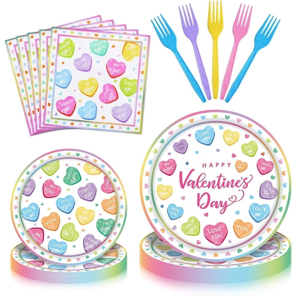 100 Pieces Valentine’s Day Party Tableware Set – Candy Heart Plates, Napkins and Forks, Love Heart Disposable Dinnerware for Valentine Classroom Party and Birthday Supplies