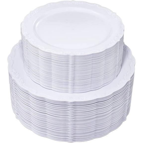 100 Pieces White Plastic Plates - Disposable Premium Hard for Wedding and Use Including 50 Dinner 10 '' & Dessert 7.5