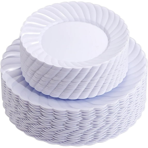 100 Pieces White Plastic Plates - Premium Heavy Duty Plastic Plates for Wedding and Party Use Including 50PCS 9 '' & 50PCS 6.5 ''