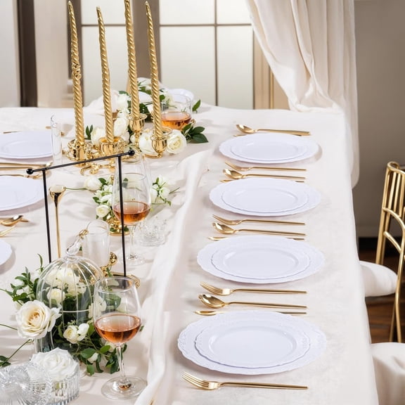 100 Pieces White Plastic Plates - White Disposable Plates - Premium Hard Plastic Disposable Plates for Wedding and Party Use Including 50 Dinner Plates 10 '' & 50 Dessert Plates 7.5 ''