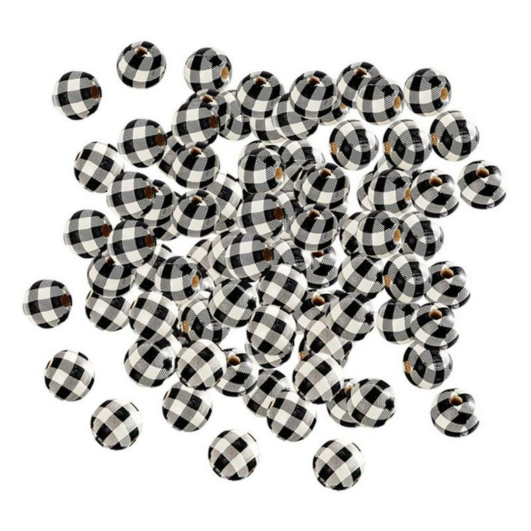 100 Pieces Wooden Round Beads for Crafts Garland DIY - Black grid on white  