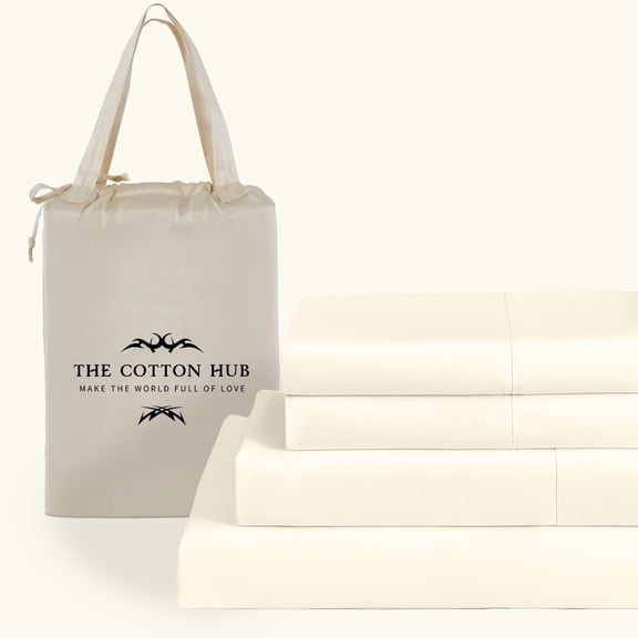 100% Pima Cotton Alaskan King Size 4-PCs Sheet Set (Solid, Ivory) Fits 10-12” Deep Pocket, 600 Series Sateen Weave
